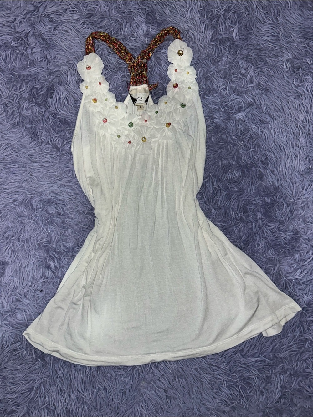 ECI White Floral Halter Top with Multicolor Beaded Straps